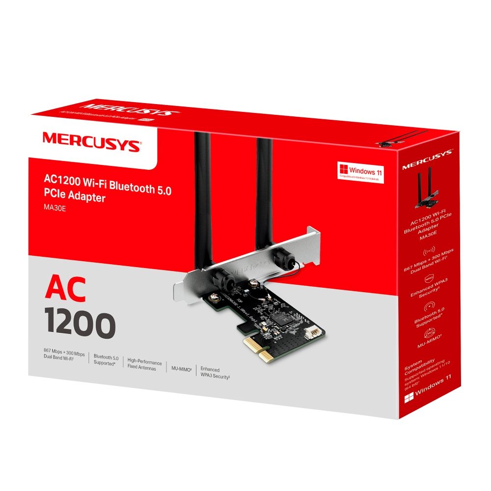Placa PCI-express WiFi + Bluetooth 5.0 MERCUSYS AC1200 867Mbps  MA30E PCIX 2 Ant