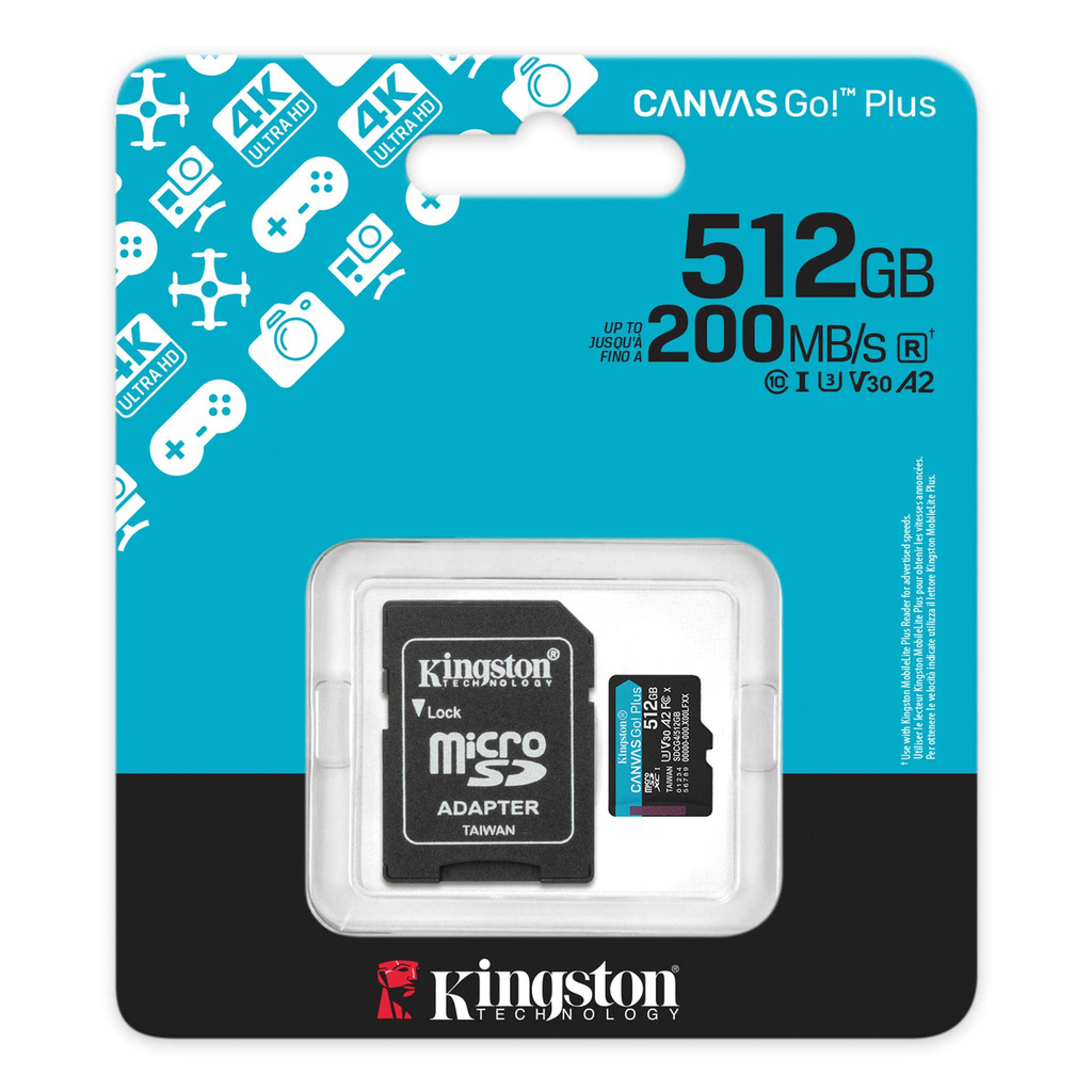 Tarjeta de Memoria KINGSTON MICROSD 512GB GEN4 c/Adap Canvas GO! Plus (4K Camara-Drones)