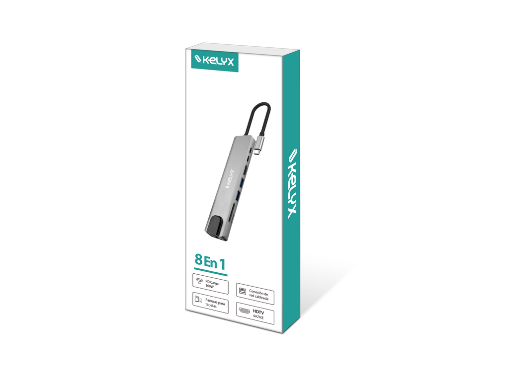 Hub USB C 3.0 8 en 1 - HDMI SD USB 2.0 x2 / USB 3.0 x2 RJ45 - KELYX