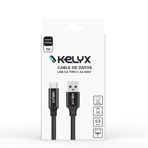 Cable USB 3.2 (A/C) M / M - 1.0Mts 60W Negro - KELYX