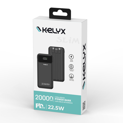 PowerBank 20000 mHa Type-C+USB+Lightning Fast Charge 22.5W Black Slim KELYX